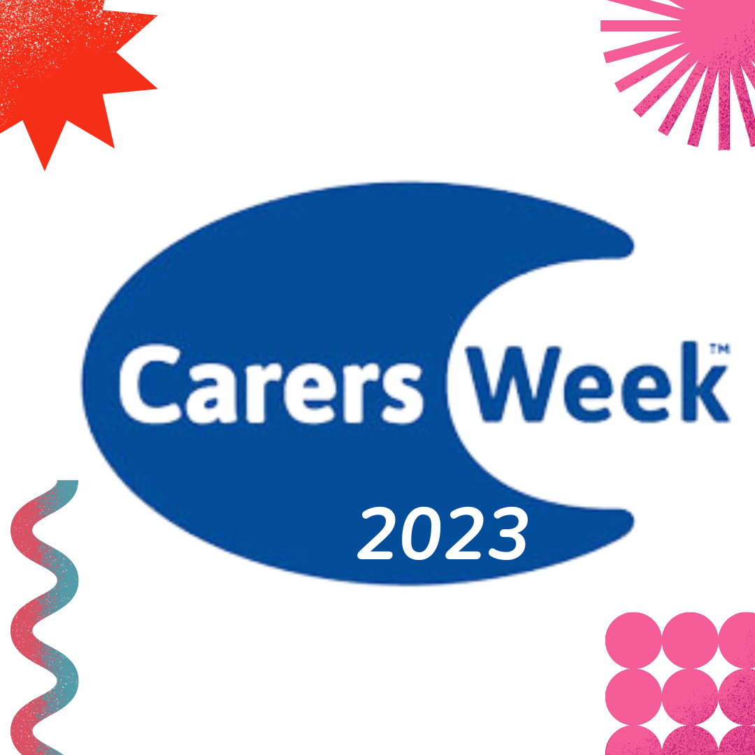 Carers week logo with 2023 in the bottom right of the logo. Different shapes in different colours are dotted round the logo.