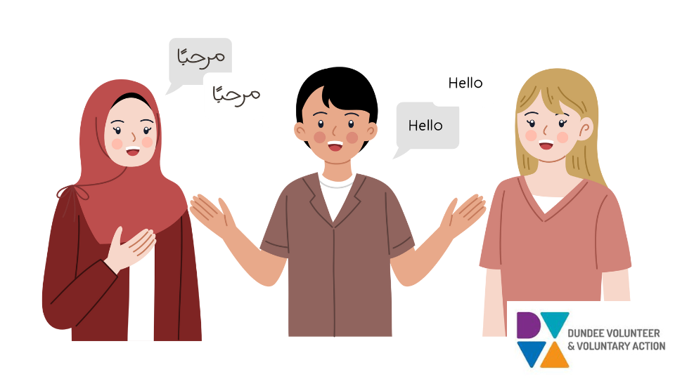 Illustration of 3 people from different cultures sayin hello in different languages.