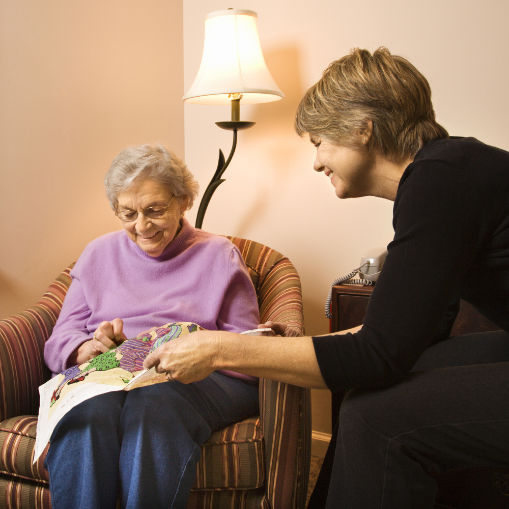 Relative/Support worker sitting with elderly person in a living room. Both are smiling while looking down at tapestry in the elderly womans lap.