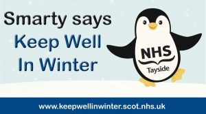 Graphic of a penguin with the NHS Tayside logo on front. "Smarty says Keep Well in Winter" next to the penguin
