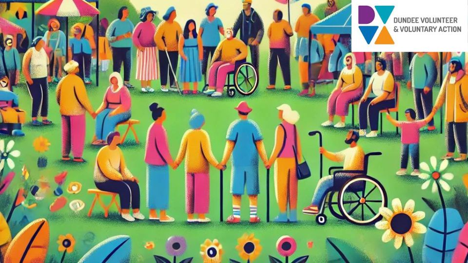 An inviting and uplifting illustration depicts a diverse group of people gathered together in a scenic outdoor setting reminiscent of Dundee's beautiful landscapes. The group includes individuals of various ages and backgrounds, symbolizing unpaid carers, their families, and disabled people coming together in solidarity and support. At the center of the image, people are holding hands and forming a circle, representing unity and community. Some are sharing joyful expressions and gentle smiles, conveying a sense of hope, recovery, and celebration. Above them, a bright and warm sun is rising, casting a golden glow over the scene to symbolize new beginnings and optimism.