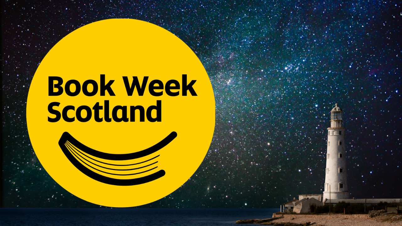 A lighthouse in front of a starry sky, with a large yellow Book Week Scotland logo overlaid