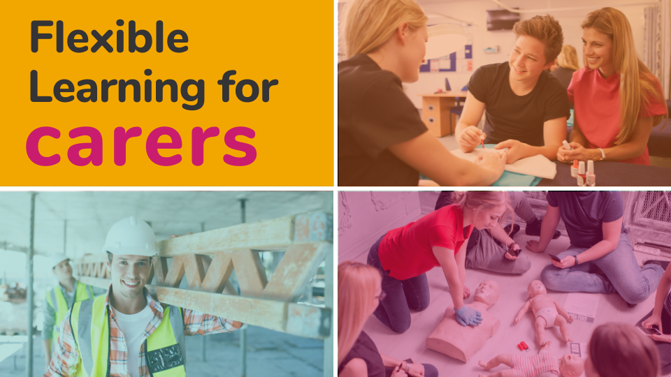 3 pictures in a grid one shows someone getting a manicure. The other is 2 construction workers holding a girder and the other is a first aid course group doing CPR on a dummy.