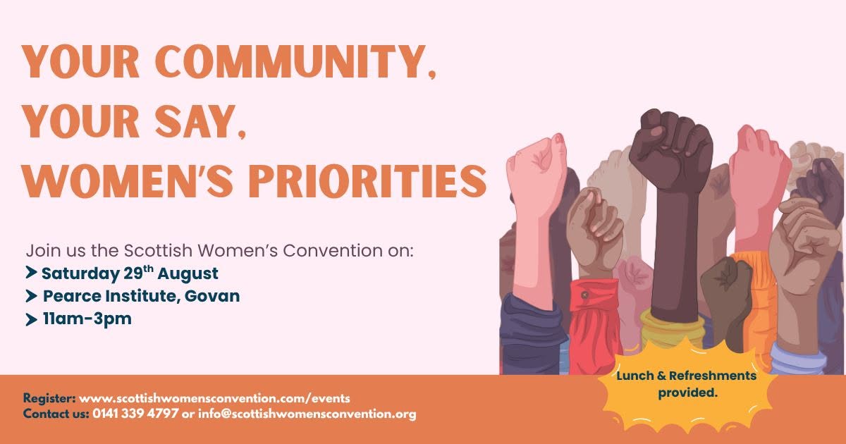 Your community your say womens priorities. Illustration of fists being held in the air.