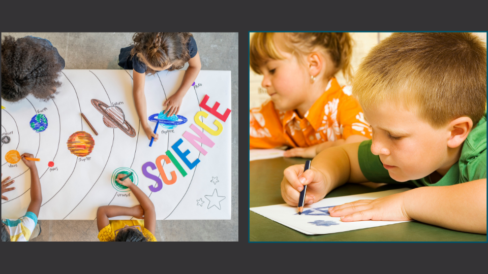 Two images split: image one is a downview of a table with children round it drawing planets and space the word science is across the bottom right of the pcitire in bold colourful letters. Image two is a close up view of two children sitting at a table colouring in.