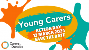 Paint splashed in orange, teal and yellow. Text "Young Carers Action Day 13 March 2024 - save the date"